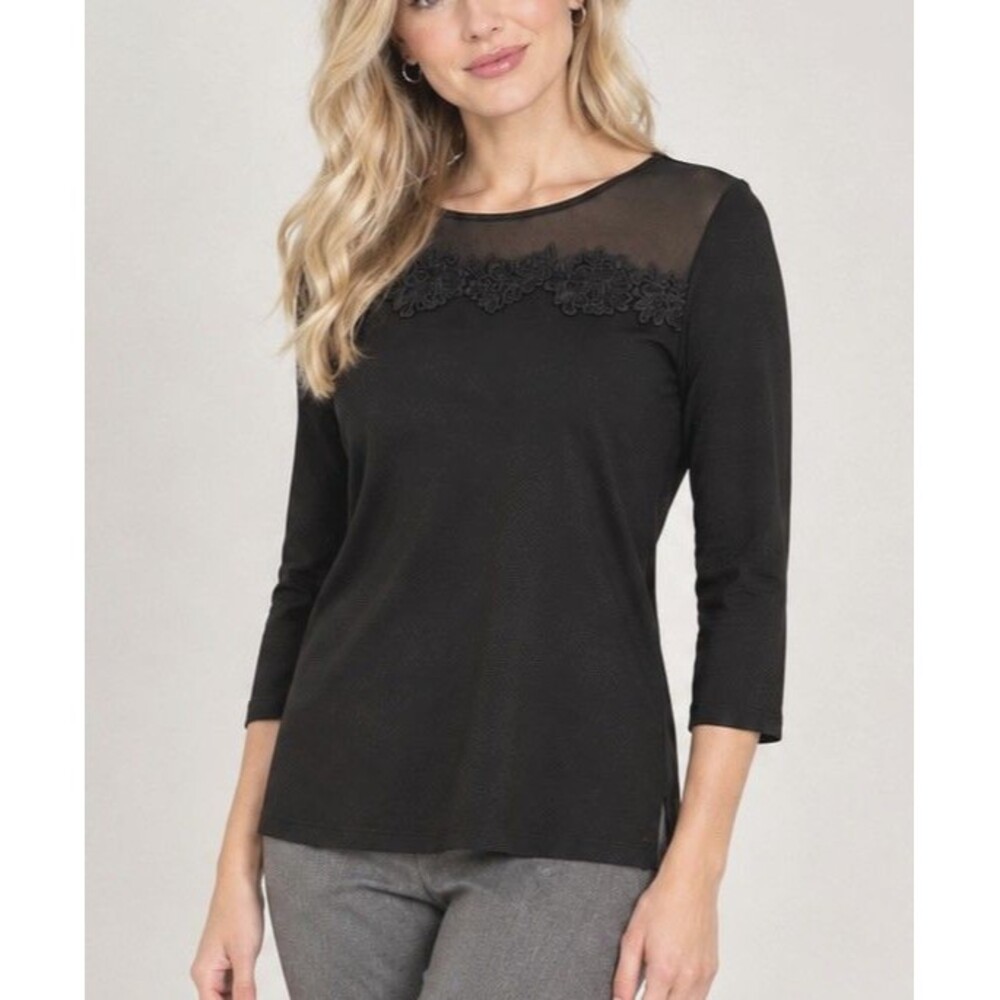 Tahari Women's Sm Black Blouse Boat Neck 3/4 Sleeve Floral Lace & Mesh Neckline